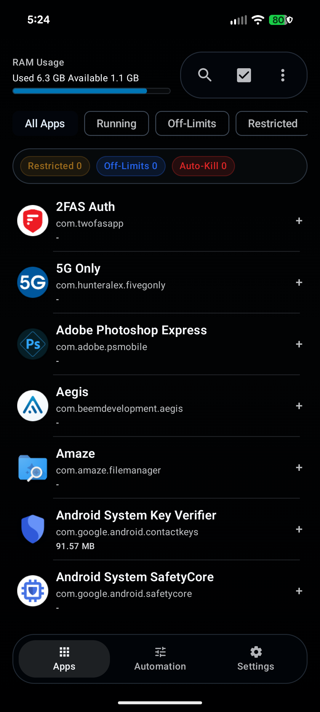 Apps tab showing search, filters, and app list controls