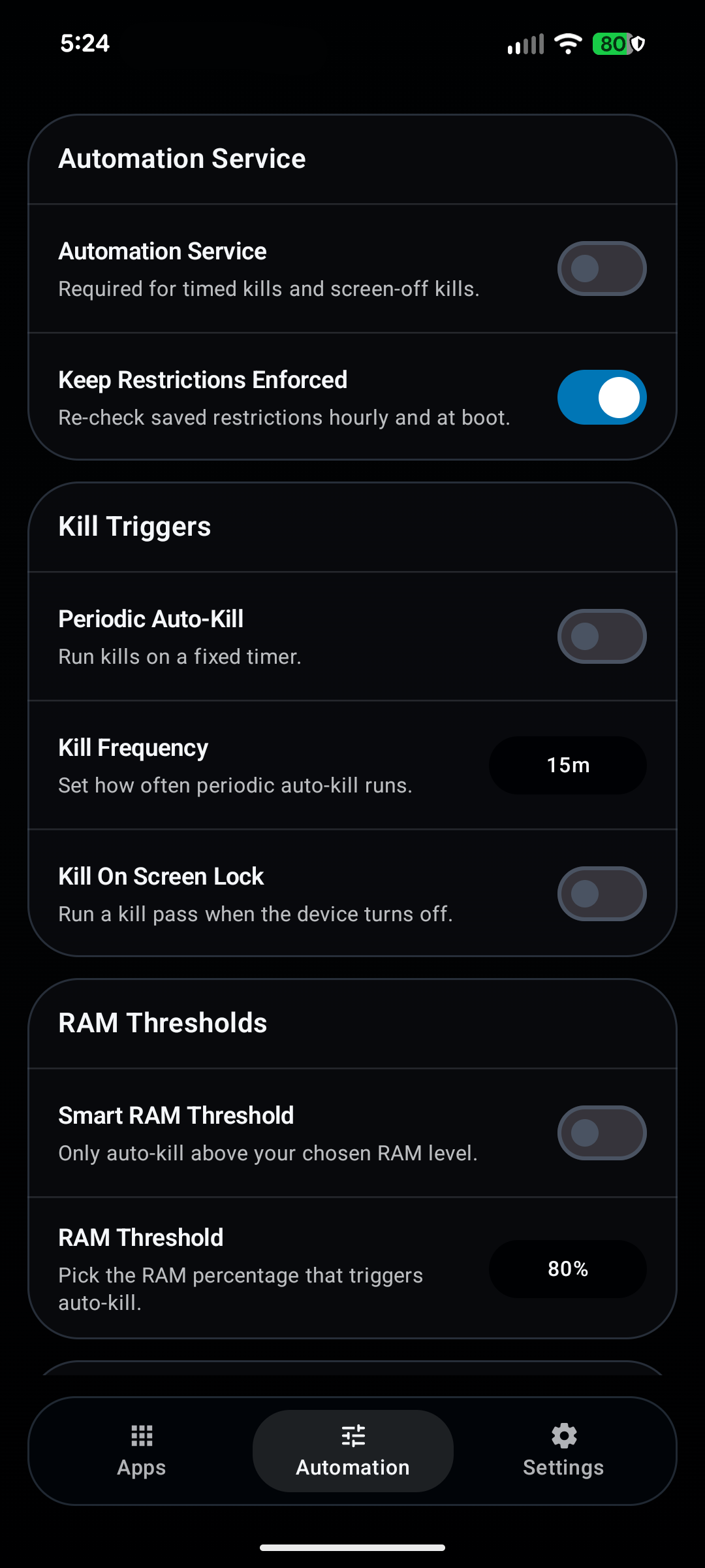 Automation tab showing cleanup triggers and RAM thresholds