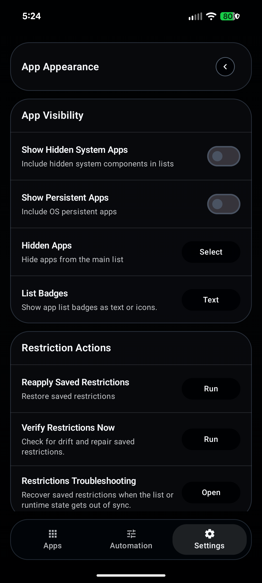 Settings overview showing visibility and restriction actions