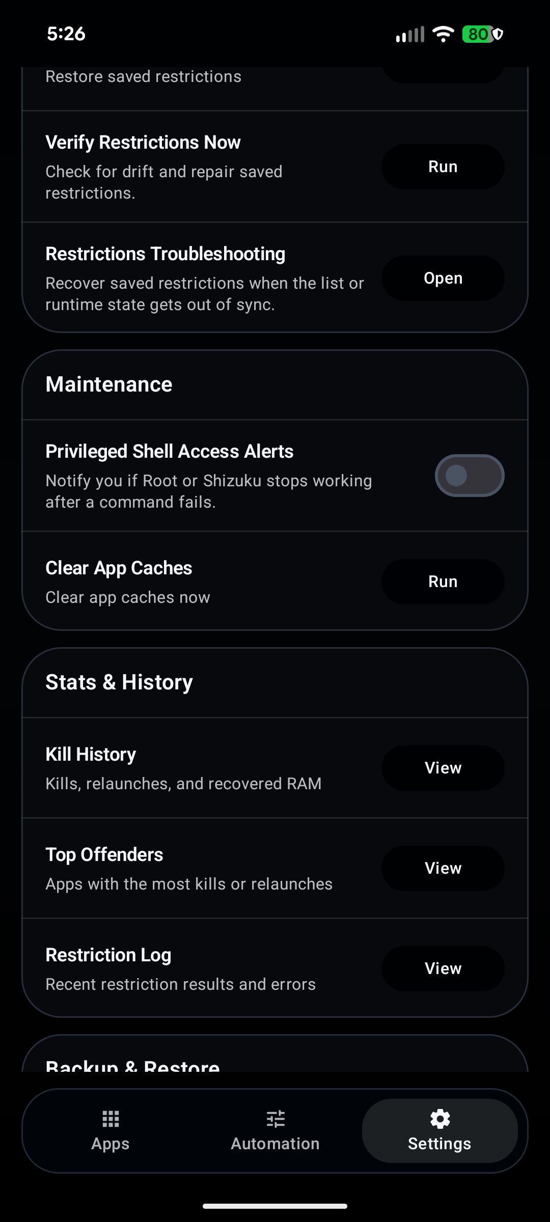 Settings maintenance showing alerts, caches, and history